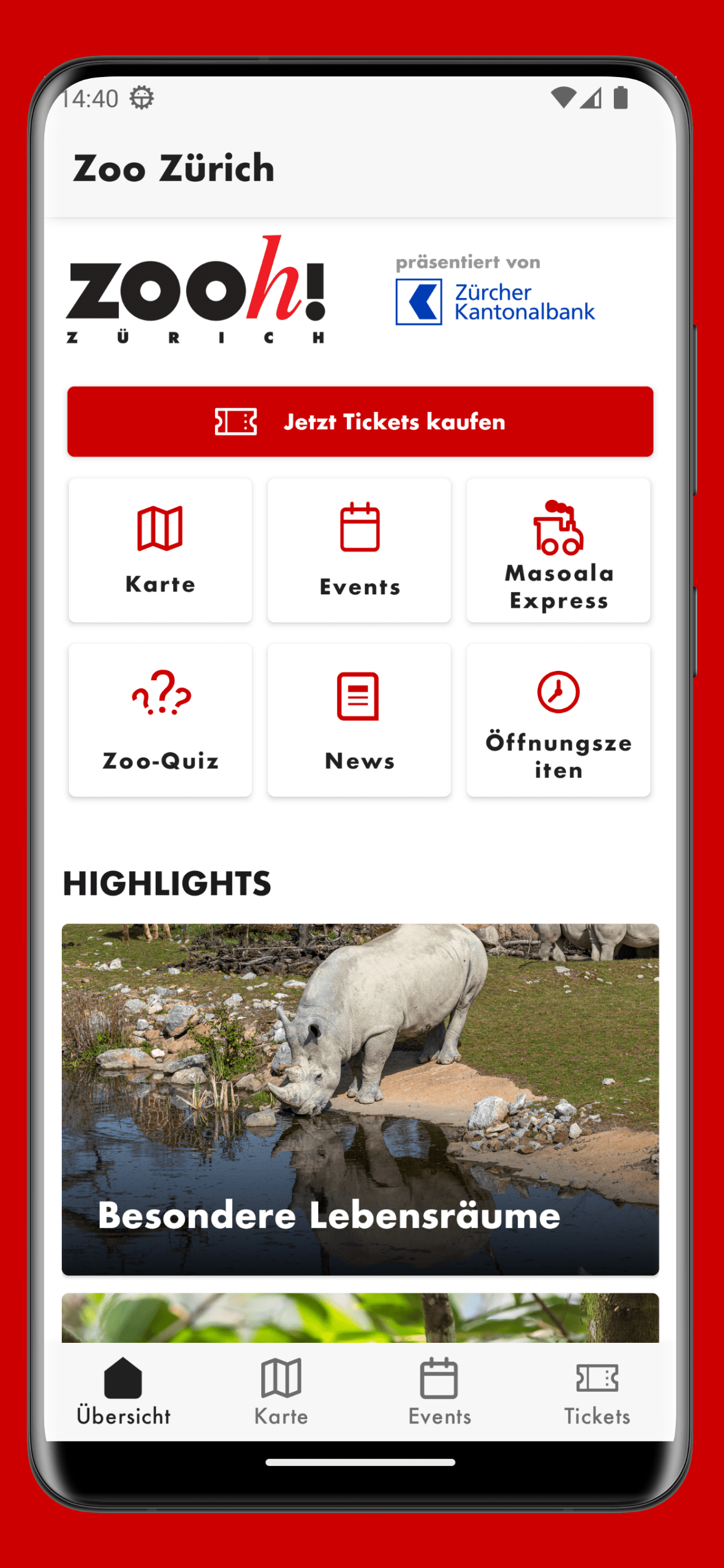 Screenshot der Startseite der Zoo-App des Zoo Zürich.