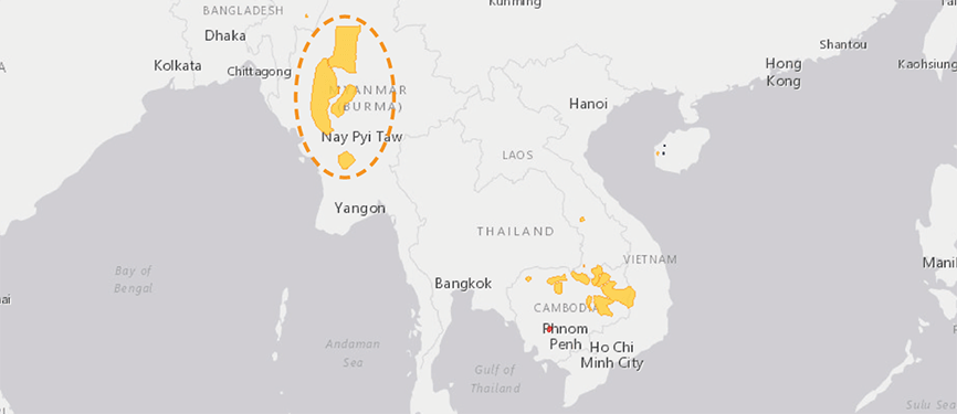 Tierlexikon: Burma-Leierhirsch x Verbreitungskarte Burma-Leierhirsch