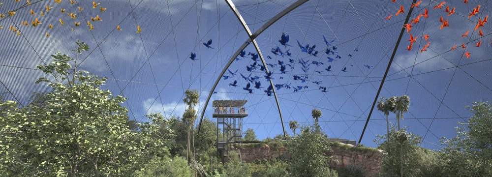 Rendering: Region Five Media Rendering der geplanten Pantanal Voliere im Zoo Zürich, Blick auf den Aussichtsturm.