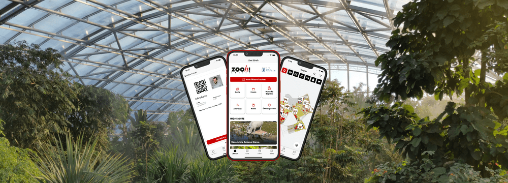 Grafik: Zoo Zürich Headerbild mit Screenshots der Zoo-App Version 6.0.0