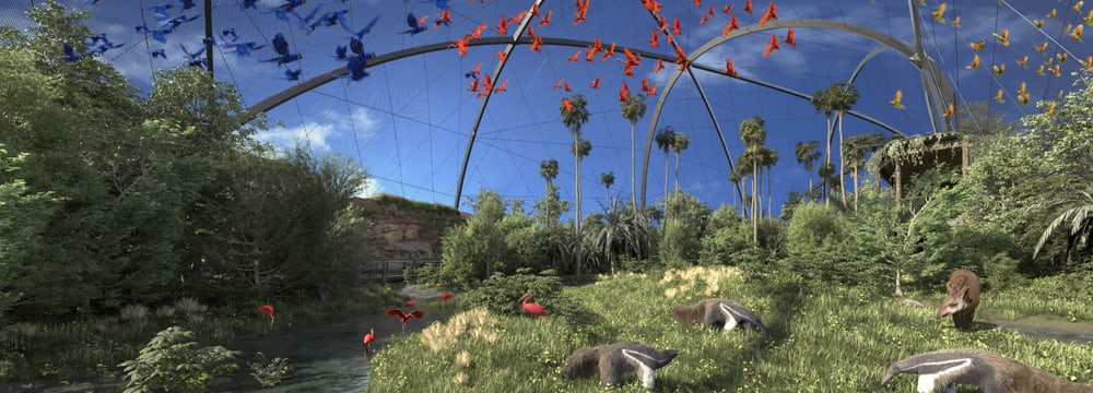 Rendering der geplanten Pantanal Voliere im Zoo Zürich, Blick auf die Sumpflandschaft.