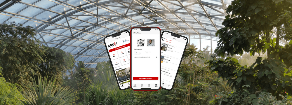 Grafik: Zoo Zürich Headerbild mit Screenshots der Zoo-App Version 6.0.0, Fokus auf der Jahreskarte.
