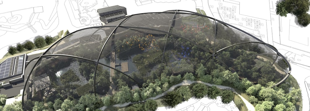 Rendering der Pantanal Voliere, Aussenansicht, Stand 2024.