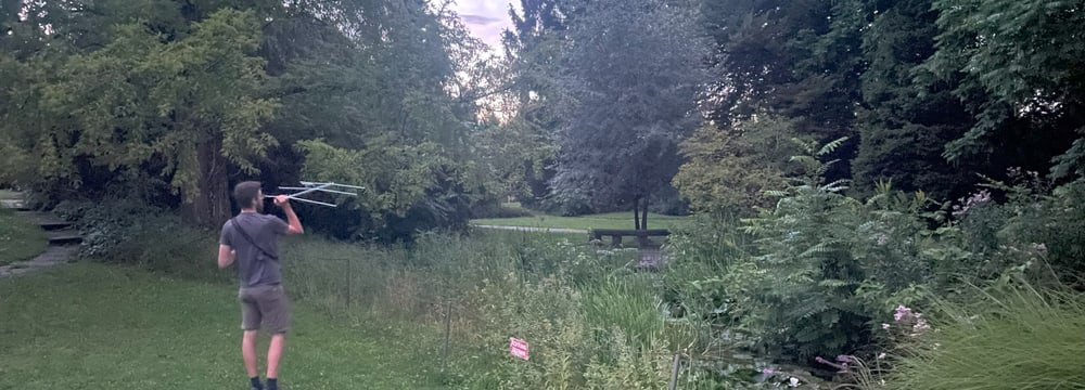 Ein Forscher nimmt mittels Empfänger die Spur einer besenderten Zwergfledermaus auf dem Friedhof Nordheim in Zürich auf.