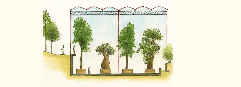 KI-generierte Architekturzeichnung zur Visualisierung des Ndoki Gartens.