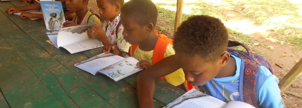 Foto: Madagascar Fauna and Flora Group Saturday School student reading session.