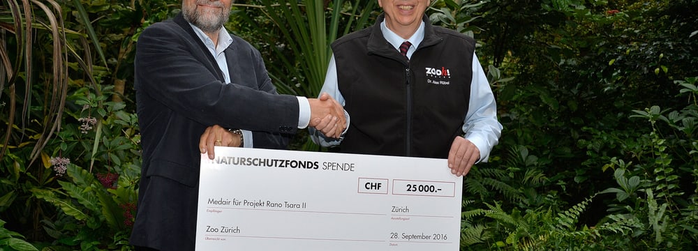 Foto: Zoo Zürich, Martin Bauert Scheckübergabe Zoo Zürich an Medair im Masoala Regenwald.