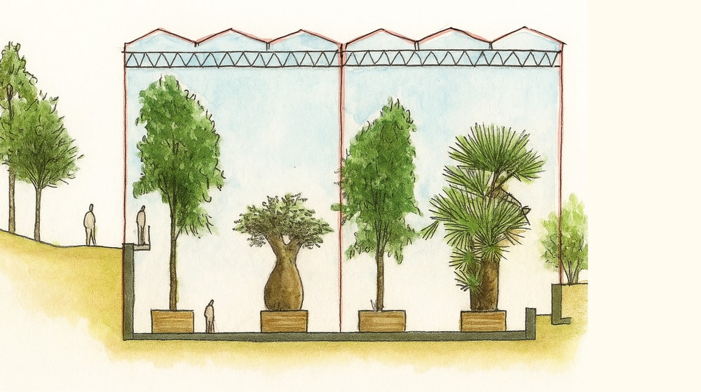 KI-generierte Architekturzeichnung zur Visualisierung des Ndoki Gartens.