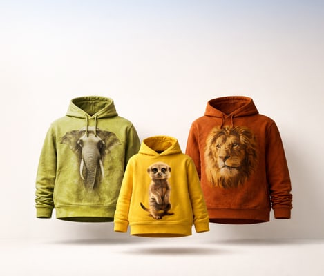 Adult hoodie with lion and elephant print; children's hoodie with meerkat