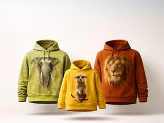 Adult hoodie with lion and elephant print; children's hoodie with meerkat