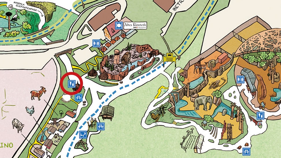 Grafik: Zoo Zürich, Susanne Weber Situationsplan Afrika-Kiosk im Zoo Zürich.