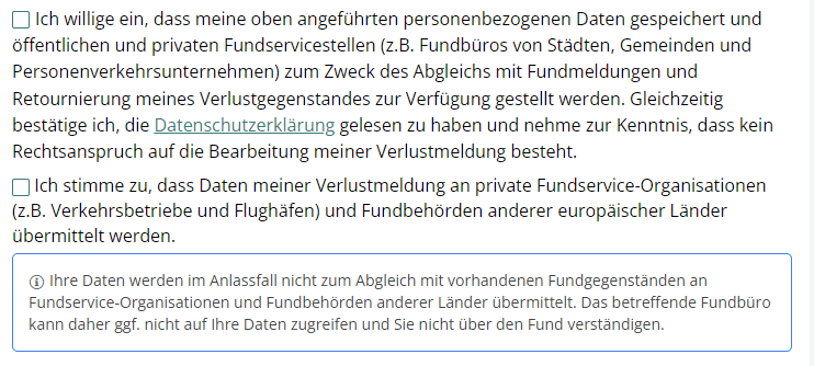 Screenshot zur Illustration, welche Checkboxen beim externen Fundbüro bestätigt werden müssen.