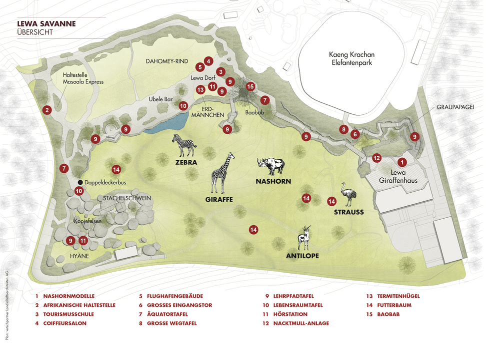Grafik: Zoo Zürich, Susanne Weber Übersichtsplan Spendenobjekte Lewa Savanne.