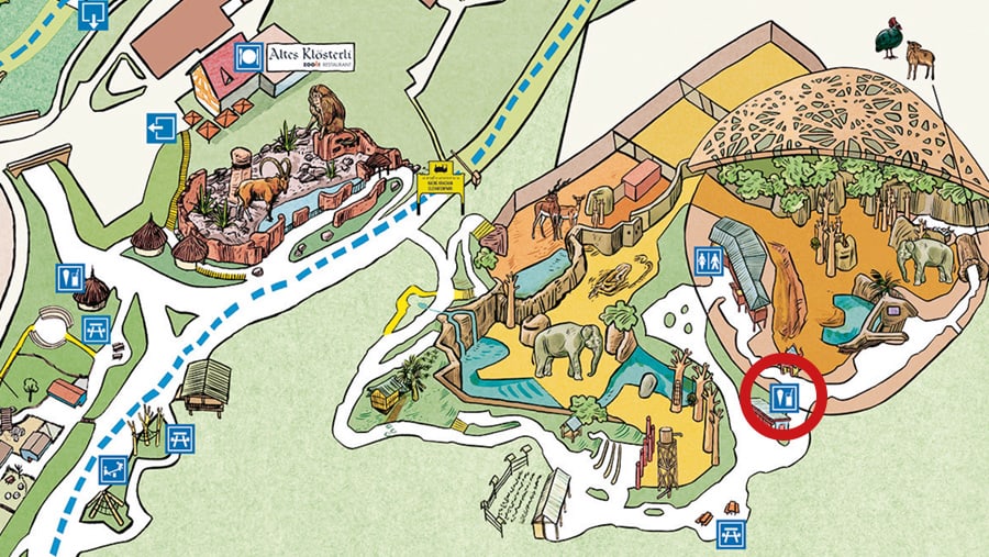 Grafik: Zoo Zürich, Susanne Weber Situationsplan Pranburi-Kiosk im Zoo Zürich.