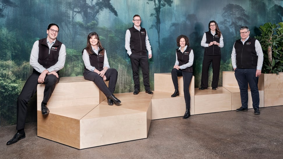 Geschäftsleitung des Zoo Zürich 2025: (v.l.) Dr. Severin Dressen, Elena Müller-Girbau, Lukas Christen, Claudia Herkert-Derungs, Dr. Claudia Rudolf von Rohr, Andreas Hohl