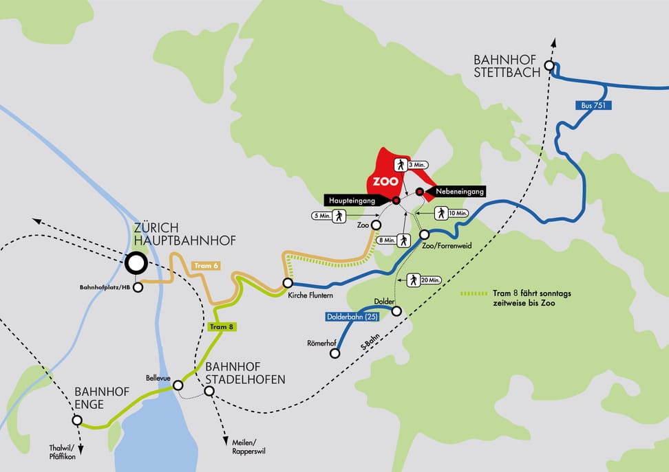Übersichtsplan für die Anreise mit ÖV in den Zoo Zürich.