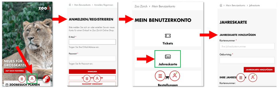 Anleitung zum Hinzufügen der Jahreskarte zum Zoo-Benutzerkonto.