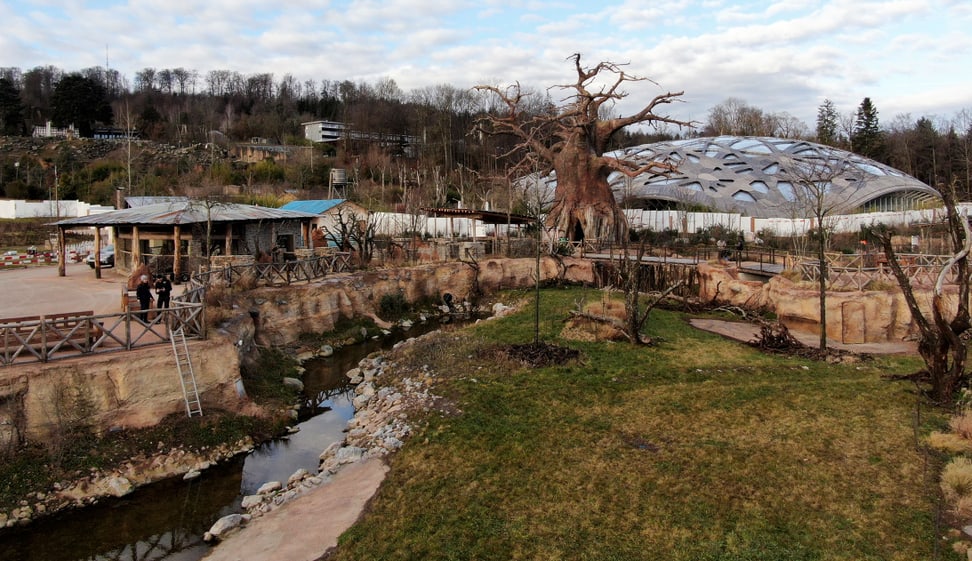 Foto: Zoo Zürich, Dominik Ryser Blick auf das Wasserloch und das Lewa Dorf im Januar 2020.