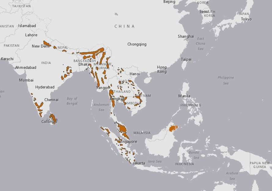 Karte: IUCN Verbreitungskarte Asiatischer Elefant