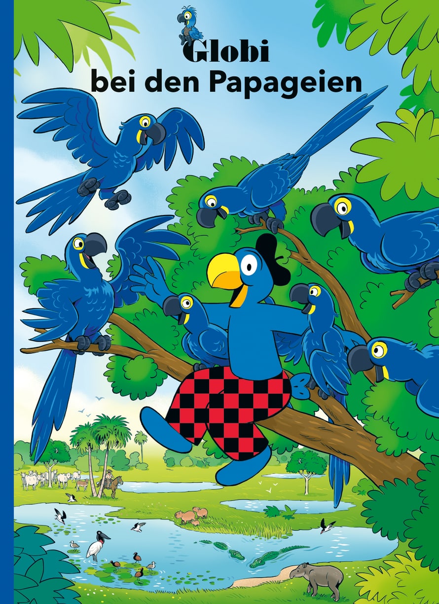 Cover von Globi-Band 100 «Globi bei den Papageien».