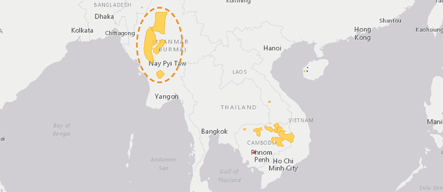 Verbreitungskarte Burma-Leierhirsch