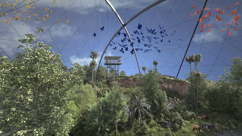 Rendering der geplanten Pantanal Voliere im Zoo Zürich, Blick auf den Aussichtsturm.
