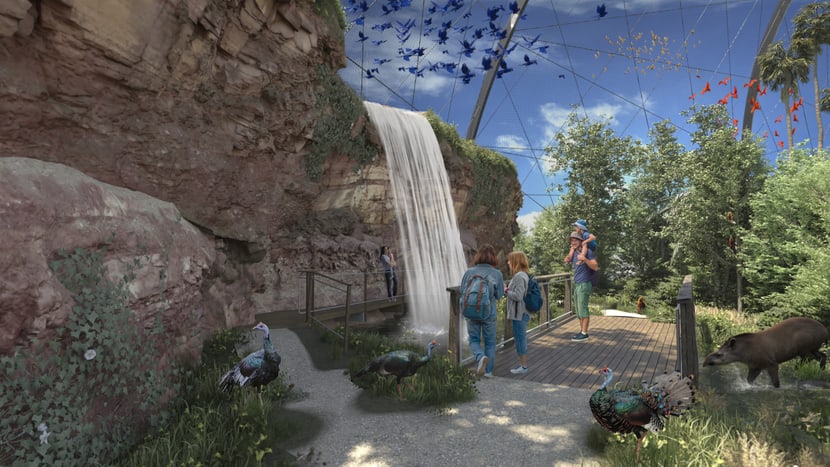 Rendering der geplanten Pantanal Voliere im Zoo Zürich, Blick auf den Wasserfall.