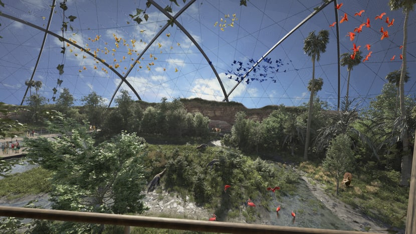 Rendering der geplanten Pantanal Voliere im Zoo Zürich, Blick aus dem Baumhaus.