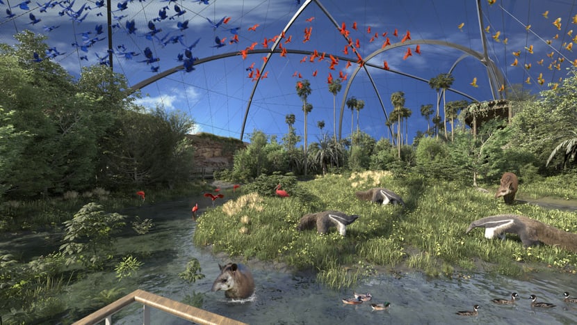 Rendering der geplanten Pantanal Voliere im Zoo Zürich, Blick auf die Sumpflandschaft.