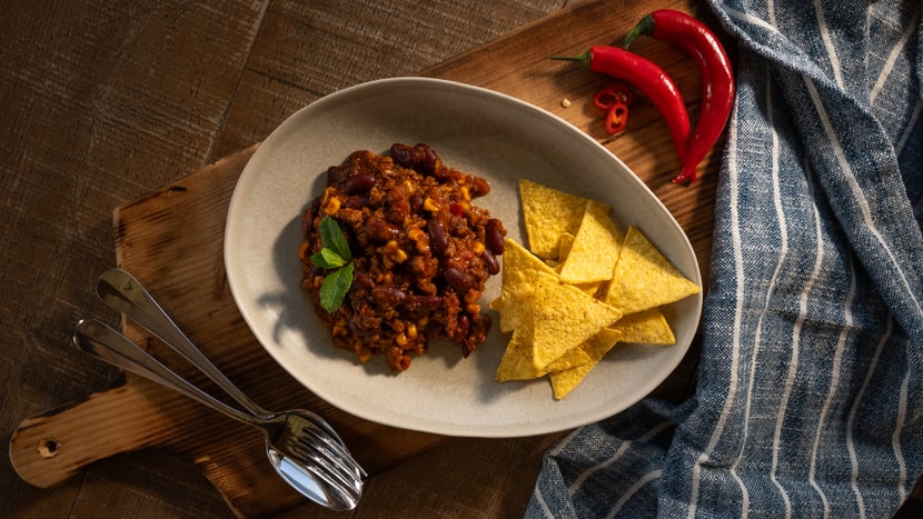 Foodbild des Chili con Carne mit Meaterra-Hackfleisch.