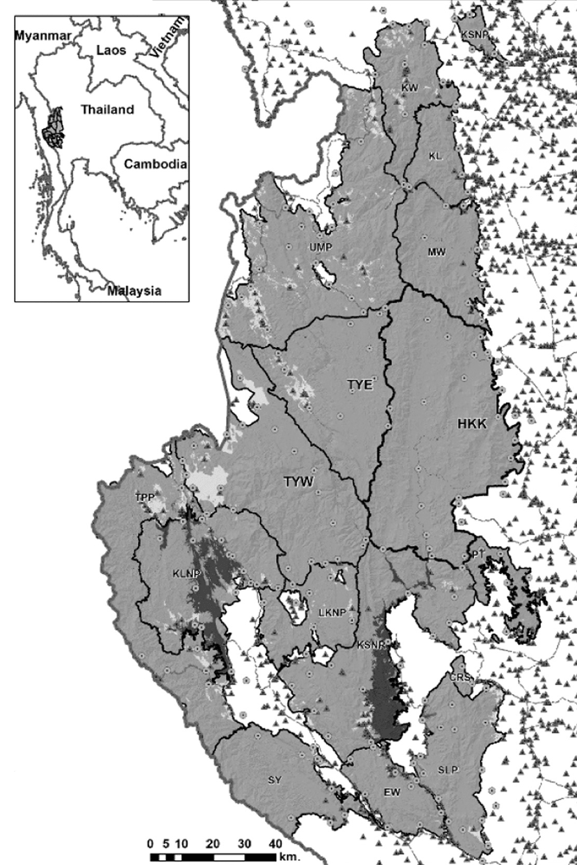 Übersichtskarte der 17 Schutzgebiete des Western Forest Complex in Thailand.