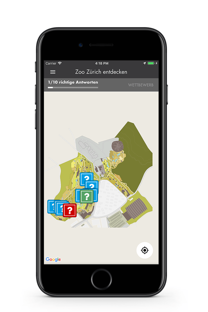 Zoo-App Quizfragen auf Übersichtskarte